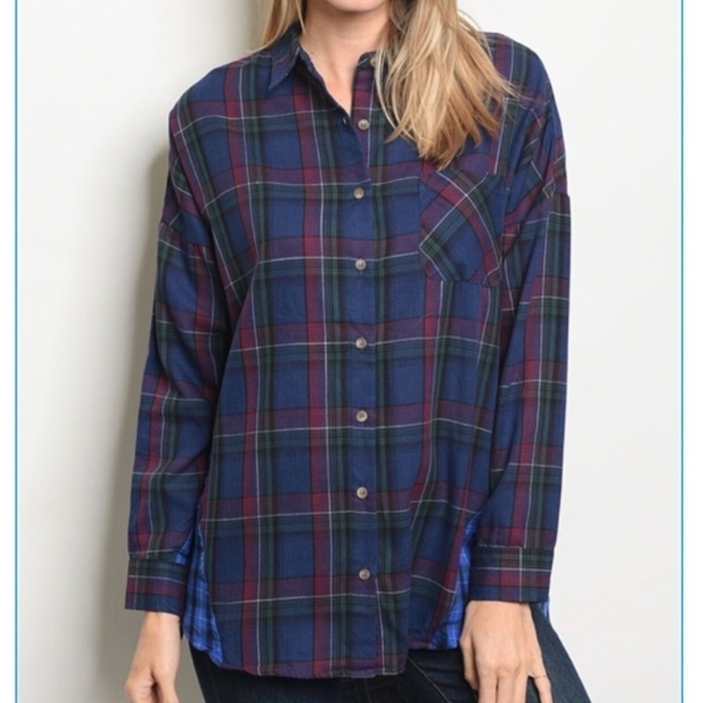 EUC Very J Blue, Red, Green Plaid High Low Button Down Shirt -Size Small